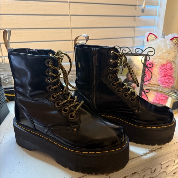$80 Firm 
Dr. Martens Black Patent Platform Combat Boots with Yellow Laces - Picture 3 of 5